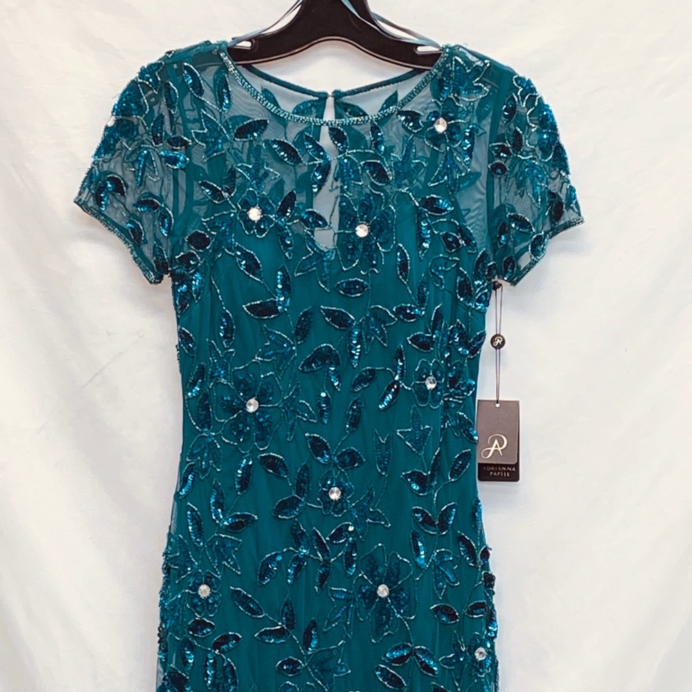 Adrianna Papell beaded Floral short sleeves Godet long dress - Picture 3 of 8